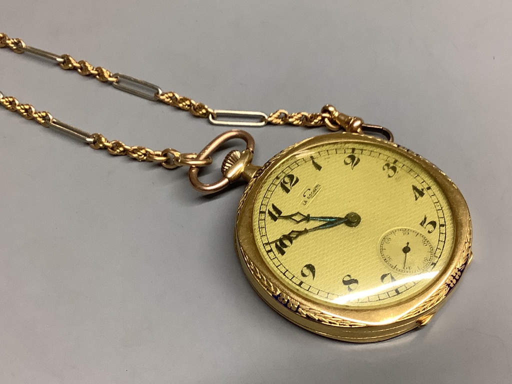 A 9ct gold open face keyless dress pocket watch, on an 18c two colour albert